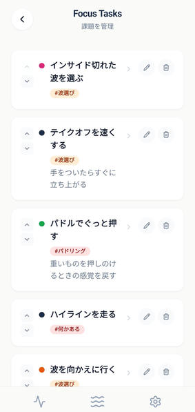 上達させたい技術（Focus Tasks）を設定する画面